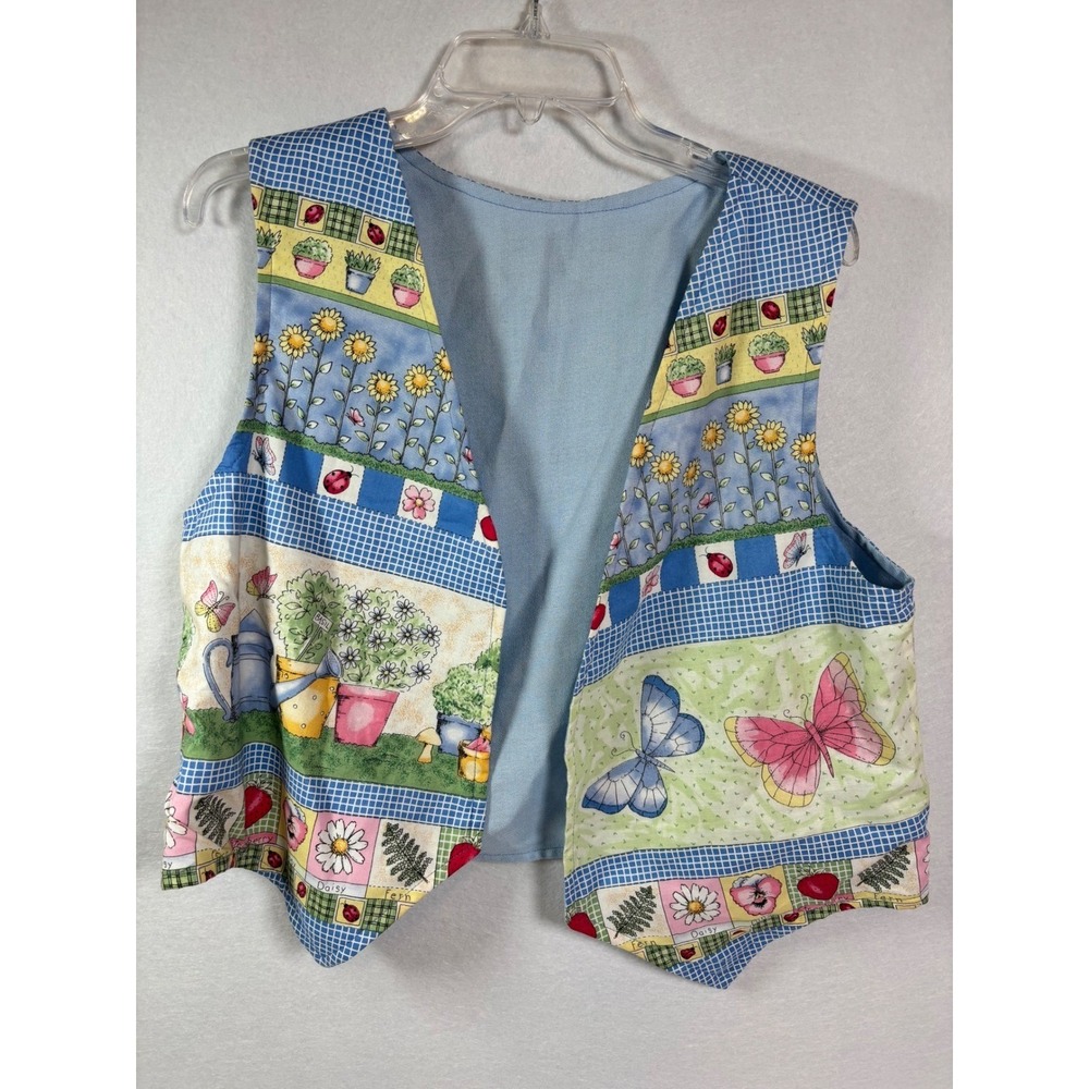 Vintage Garden Novelty Vest Womens M L Blue Butterfly Sunflower Teacher Granny